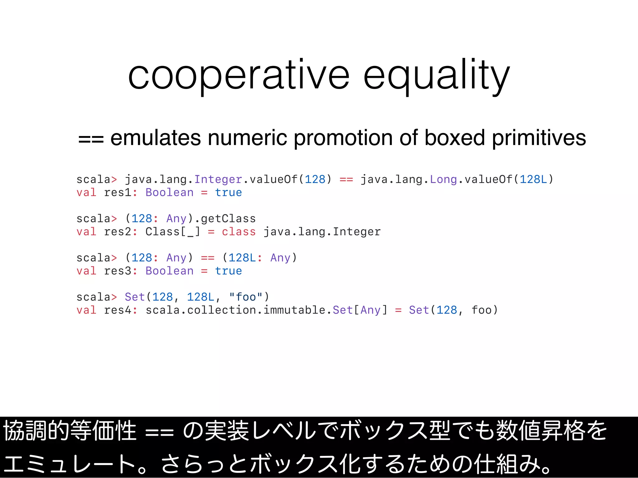 cooperative equality
協調的等価性 == の実装レベルでボックス型でも数値昇格を
エミュレート。さらっとボックス化するための仕組み。
scala> java.lang.Integer.valueOf(128) == java.lang.Long.valueOf(128L)
val res1: Boolean = true
scala> (128: Any).getClass
val res2: Class[_] = class java.lang.Integer
scala> (128: Any) == (128L: Any)
val res3: Boolean = true
scala> Set(128, 128L, "foo")
val res4: scala.collection.immutable.Set[Any] = Set(128, foo)
== emulates numeric promotion of boxed primitives
 