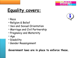 Equality covers:
• Race
• Religion & Belief
• Sex and Sexual Orientation
• Marriage and Civil Partnership
• Pregnancy and Maternity
• Age
• Disability
• Gender Reassignment

Government laws are in place to enforce these.
 