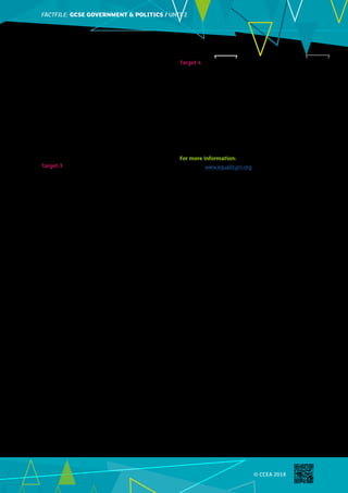 FACTFILE: GCE HISTORY OF ART / ARCHITECTURE
FACTFILE:GCSE GOVERNMENT  POLITICS / UNIT 2
© CCEA 2018
minority ethnic groups in the work of the
Department of Communities and this has been
taken on board.
•	 	 Statements from the Commission on
inequalities in housing strategy and in
education have been developed and used to
help the Executive in developing its Programme
for Government.
•	 	 The Commission has worked hard to make sure
that local people benefit from the protection
given by international conventions such as the
United Nations Convention on the Rights of
People with Disabilities (UNCRPD).
Target 3 – Putting the law to work
•	 	 The Commission has:
-	 provided advice and training for employers
on how to comply with equality legislation at
110 training events.
-	 released the results of an investigation into
the treatment of pregnant workers called
the “Expecting Equality” investigation which
has been used by employers and employees
to help them understand their rights and
responsibilities.
-	 released the 26th monitoring report on fair
employment and this showed that there is
greater equality in the workforce. There was
also an increase in the number of people who
participated in this monitoring exercise.
-	 published a Mental Health Charter to help
guide employers on how to help employees
who have mental health issues.
-	 dealt with 3,454 inquiries from people
seeking assistance or advice. The majority
of these were questions about disability
discrimination (1,408). The next biggest
category was gender (941).
Target 4 – Delivering equality effectively and
efficiently
•	 	 Income for the Commission’s work was reduced
by 7.6% by the Executive in 2016/17.
•	 	 In 2016/17 the Commission trained 1,762
people on equality in the workplace.
•	 	 Helped 3,000 employers with free advice.
•	 	 Spoke to thousands of people at information
events in schools and workplaces.
•	 	 Helped give advice to 3,454 people and took 59
cases to tribunal or court.
For more information:
Webpage: www.equalityni.org
Twitter: @EqualityCommNI
Ezine: ezine@equalityni.org
 