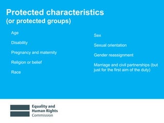Protected characteristics  (or protected groups) Age Disability Pregnancy and maternity Religion or belief Race Sex  Sexual orientation Gender reassignment  Marriage and civil partnerships (but just for the first aim of the duty)  