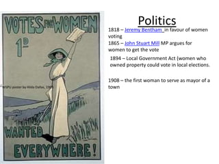 Politics
WSPU poster by Hilda Dallas, 1909.
1818 – Jeremy Bentham in favour of women
voting
1865 – John Stuart Mill MP argues for
women to get the vote
1894 – Local Government Act (women who
owned property could vote in local elections.
1908 – the first woman to serve as mayor of a
town
 