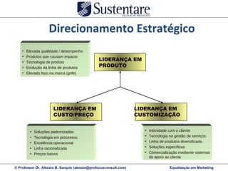 LIDERANÇA EM PRODUTO Direcionamento Estratégico Elevada qualidade / desempenho Produtos que causam impacto Tecnologia de produto Evolução da linha de produtos Elevado foco na marca (grife) LIDERANÇA EM CUSTO/PREÇO LIDERANÇA EM CUSTOMIZAÇÃO Soluções padronizadas Tecnologia em processos Excelência operacional Linha racionalizada Preços baixos Intimidade com o cliente Tecnologia na gestão de serviços Linha de produtos diversificada Soluções específicas Comercialização mediante sistemas de apoio ao cliente 