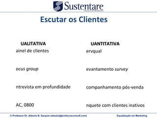 Painel de clientes Focus group Entrevista em profundidade SAC, 0800 Visita do cliente à empresa Etnografia, observação Análise de registros internos Análise de incidentes críticos QUALITATIVA Servqual Levantamento  survey Acompanhamento pós-venda Enquete com clientes inativos Experimentação de novos produtos e serviços de suporte Teste de mercado Levantamento de expectativas QUANTITATIVA Escutar os Clientes 