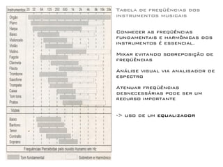 Tabela de freqüências dos
instrumentos musicais
audição humana
Conhecer as freqüências
fundamentais e harmônicas dos
instrumentos é essencial.
Mixar evitando sobreposição de
freqüências
Análise visual via analisador de
espectro
Atenuar freqüências
desnecessárias pode ser um
recurso importante
-> uso de um equalizador
 