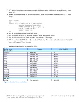 7. We updated statistics on each table according to database-creation scripts, which sample 18 percent of the
table data.
8. On the SQL Server instance, we created a ds2user SQL Server login using the following Transact SQL (TSQL)
script:
USE [master]
GO
CREATE LOGIN [ds2user] WITH PASSWORD=N’’,
DEFAULT_DATABASE=[master],
DEFAULT_LANGUAGE=[us_english],
CHECK_EXPIRATION.=OFF,
CHECK_POLICY=OFF
GO
9. We set the database recovery model back to full.
10. We created the necessary full text index using SQL Server Management Studio.
11. We created a database user and mapped this user to the SQL Server login.
12. We then performed a full backup of the database. This backup allowed us to restore the databases to a pristine
state relatively quickly between tests.
Figure 11 shows our initial file size modifications.
Logical name
Database files
primary
cust1
cust2
cust3
cust4
ind1
ind2
ind3
ind4
ds_misc
orders1
orders2
orders3
orders4
Log files
ds_log

Filegroup

Initial size (MB)

PRIMARY
DS_CUST_FG
DS_CUST_FG
DS_CUST_FG
DS_CUST_FG
DS_IND_FG
DS_IND_FG
DS_IND_FG
DS_IND_FG
DS_MISC_FG
DS_ORDERS
DS_ORDERS
DS_ORDERS
DS_ORDERS

5
46,589
46,589
46,589
46,589
28,607
28,607
28,607
28,607
470
22,540
22,540
22,540
22,540

Not applicable

102,400

Figure 11: Our initial file size modifications.

OLTP with Dell EqualLogic SSD storage arrays: Comparing a single
EqualLogic PS6210S array with four EqualLogic 6210XV arrays

A Principled Technologies test report 18

 