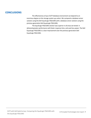 CONCLUSIONS
The effectiveness of your OLTP database environment can depend to an
enormous degree on the storage system you select. We compared a database server
solution using the Dell EqualLogic PS6210XS with a database server solution using the
previous-generation Dell EqualLogic PS6110XS.
The EqualLogic PS6210XS solution was superior in all areas we tested. It
delivered greater performance with faster response time, and used less power. The Dell
EqualLogic PS6210XS is a clear improvement over the previous-generation Dell
EqualLogic PS6110XS.

OLTP with Dell hybrid arrays: Comparing the EqualLogic PS6210XS with
the EqualLogic PS6110XS

A Principled Technologies test report 7

 