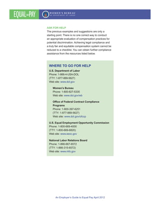 EQUAL=PAY
WHERE TO GO FOR HELP
U.S. Department of Labor
Womens Bureau
Programs
U.S. Equal Employment Opportunity Commission
National Labor Relations Board
ASK FOR HELP
reduced to a checklist. You can obtain further compliance
assistance from the resources listed below.
 