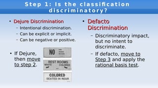 S t e p 1 : I s t h e c l a s s i f c a t i o n
d i s c r i m i n a t o r y ?
●
Dejure DiscriminationDejure Discrimination
– Intentional discrimination.
– Can be explicit or implicit.
– Can be negative or positive.
●
DefactoDefacto
DiscriminationDiscrimination
– Discriminatory impact,
but no intent to
discriminate.
– If defacto, move to
Step 3 and apply the
rational basis test.
●
If Dejure,
then move
to step 2.
 