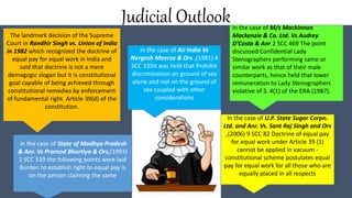 Judicial Outlook
In the case of Air India Vs
Nergesh Meerza & Ors ,(1981) 4
SCC 335it was held that Prohibit
discrimination on ground of sex
alone and not on the ground of
sex coupled with other
considerations
The landmark decision of the Supreme
Court in Randhir Singh vs. Union of India
in 1982 which recognized the doctrine of
equal pay for equal work in India and
said that doctrine is not a mere
demagogic slogan but it is constitutional
goal capable of being achieved through
constitutional remedies by enforcement
of fundamental right. Article 39(d) of the
constitution.
in the case of M/s Mackinnon
Mackenzie & Co. Ltd. Vs Audrey
D’Costa & Anr 2 SCC 469 The point
discussed Confidential Lady
Stenographers performing same or
similar work as that of their male
counterparts, hence held that lower
remuneration to Lady Stenographers
violative of S. 4(1) of the ERA (1987).
in the case of State of Madhya Pradesh
& Anr. Vs Pramod Bhartiya & Ors,(1993)
1 SCC 539 the following points were laid
Burden to establish right to equal pay is
on the person claiming the same
In the case of U.P. State Sugar Corpn.
Ltd. and Anr. Vs. Sant Raj Singh and Ors
,(2006) 9 SCC 82 Doctrine of equal pay
for equal work under Article 39 (1)
cannot be applied in vacuum -
constitutional scheme postulates equal
pay for equal work for all those who are
equally placed in all respects
 
