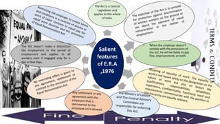 Salient
features
of E.R.A
,1976
The Act is a Central
Legislation and
applies to the whole
of India.
• When the employer doesn’t
comply with the provisions of
the act, he will be liable to pay
fine, imprisonment, or both.
The Act doesn’t make a distinction
like employment or the period of
employment and applies to all
workers even if engaged only for a
day or few days.
 