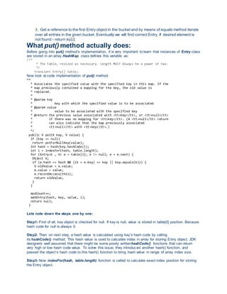 3. Get a reference to the first Entry object in the bucket and by means of equals method iterate
over all entries in the given bucket. Eventually we will find correct Entry. If desired element is
not found - return null
What put() method actually does:
Before going into put() method’s implementation, it is very important to learn that instances of Entry class
are stored in an array.HashMap class defines this variable as:
/**
* The table, resized as necessary. Length MUST Always be a power of two.
*/
transient Entry[] table;
Now look at code implementation of put() method:
**
* Associates the specified value with the specified key in this map. If the
* map previously contained a mapping for the key, the old value is
* replaced.
*
* @param key
* key with which the specified value is to be associated
* @param value
* value to be associated with the specified key
* @return the previous value associated with <tt>key</tt>, or <tt>null</tt>
* if there was no mapping for <tt>key</tt>. (A <tt>null</tt> return
* can also indicate that the map previously associated
* <tt>null</tt> with <tt>key</tt>.)
*/
public V put(K key, V value) {
if (key == null)
return putForNullKey(value);
int hash = hash(key.hashCode());
int i = indexFor(hash, table.length);
for (Entry<k , V> e = table[i]; e != null; e = e.next) {
Object k;
if (e.hash == hash && ((k = e.key) == key || key.equals(k))) {
V oldValue = e.value;
e.value = value;
e.recordAccess(this);
return oldValue;
}
}
modCount++;
addEntry(hash, key, value, i);
return null;
}
Lets note down the steps one by one:
Step1- First of all, key object is checked for null. If key is null, value is stored in table[0] position. Because
hash code for null is always 0.
Step2- Then on next step, a hash value is calculated using key’s hash code by calling
its hashCode() method. This hash value is used to calculate index in array for storing Entry object. JDK
designers well assumed that there might be some poorly writtenhashCode() functions that can return
very high or low hash code value. To solve this issue, they introduced another hash() function, and
passed the object’s hash code to this hash() function to bring hash value in range of array index size.
Step3- Now indexFor(hash, table.length) function is called to calculate exact index position for storing
the Entry object.
 