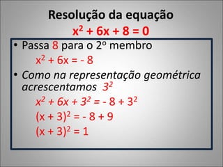 Resolução da equação
x2 + 6x + 8 = 0
• Passa 8 para o 2o membro
x2 + 6x = - 8
• Como na representação geométrica
acrescentamos 32
x2 + 6x + 32 = - 8 + 32
(x + 3)2 = - 8 + 9
(x + 3)2 = 1
 