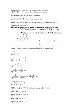 2) Determine o valor de k nas equaçoes, de modo que:
a) x² - 12x + k = 0 , tenha duas raízes reais e iguais

b) 2x² - 6x +...