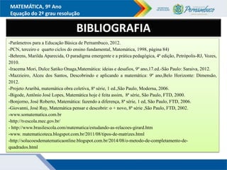 MATEMÁTICA, 9º Ano
Equação do 2º grau resolução
BIBLIOGRAFIA
-Parâmetros para a Educação Básica de Pernambuco, 2012.
-PCN, terceiro e quarto ciclos do ensino fundamental, Matemática, 1998, página 84)
-Behrens, Marilda Aparecida, O paradigma emergente e a prática pedagógica, 4ª edição, Petrópolis-RJ, Vozes,
2010.
-Iracema Mori, Dulce Satiko Onaga,Matemática: ideias e desafios, 9º ano,17.ed.-São Paulo: Saraiva, 2012.
-Mazzieiro, Alceu dos Santos, Descobrindo e aplicando a matemática: 9º ano,Belo Horizonte: Dimensão,
2012.
-Projeto Araribá, matemática obra coletiva, 8ª série, 1 ed.,São Paulo, Moderna, 2006.
-Bigode, Antônio José Lopes, Matemática hoje é feita assim, 8ª série, São Paulo, FTD, 2000.
-Bonjorno, José Roberto, Matemática: fazendo a diferença, 8ª série, 1 ed, São Paulo, FTD, 2006.
-Giovanni, José Ruy, Matemática pensar e descobrir: o + novo, 8ª série ,São Paulo, FTD, 2002.
-www.somatematica.com.br
-http://tvescola.mec.gov.br/
- http://www.brasilescola.com/matematica/estudando-as-relacoes-girard.htm
-www. matematicoteca.blogspot.com.br/2011/08/tipos-de-matrizes.html
-http://solucoesdematematicaonline.blogspot.com.br/2014/08/o-metodo-de-completamento-de-
quadrados.html
 