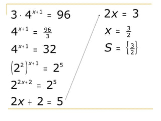 3⋅ 4       x+ 1
                  = 96         2x = 3
4   x+ 1
           =      96
                   3
                               x = 2
                                   3



4   x+ 1
           = 32                S=   {}
                                    3
                                    2


(2 )2 x+ 1
                  = 2      5



2    = 2
 2x+ 2                 5


2x + 2 = 5
 