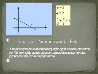    São equações equivalentes à equação geral da reta, da forma x= f(t) e y= g(t), que relacionam as coordenadas x e y dos pontos da reta com um parâmetro  t.    