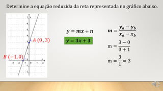 Determine a equação reduzida da reta representada no gráfico abaixo.
𝒎 =
𝒚𝒂 − 𝒚𝒃
𝒙𝒂 − 𝒙𝒃
𝐵 (−1, 0)
𝐴 (0 , 3)
𝒚 = 𝒎𝒙 + 𝒏
m =
3 − 0
0 + 1
m =
3
1
= 3
𝒚 = 𝟑𝒙 + 3
 