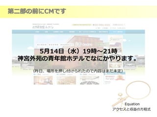 Equation
アクセスと収益の方程式
第二部の前にCMです
5月14日（水）19時～21時
神宮外苑の青年館ホテルでなにかやります。
（昨日、場所を押し付けられたので内容はまだ未定）
 