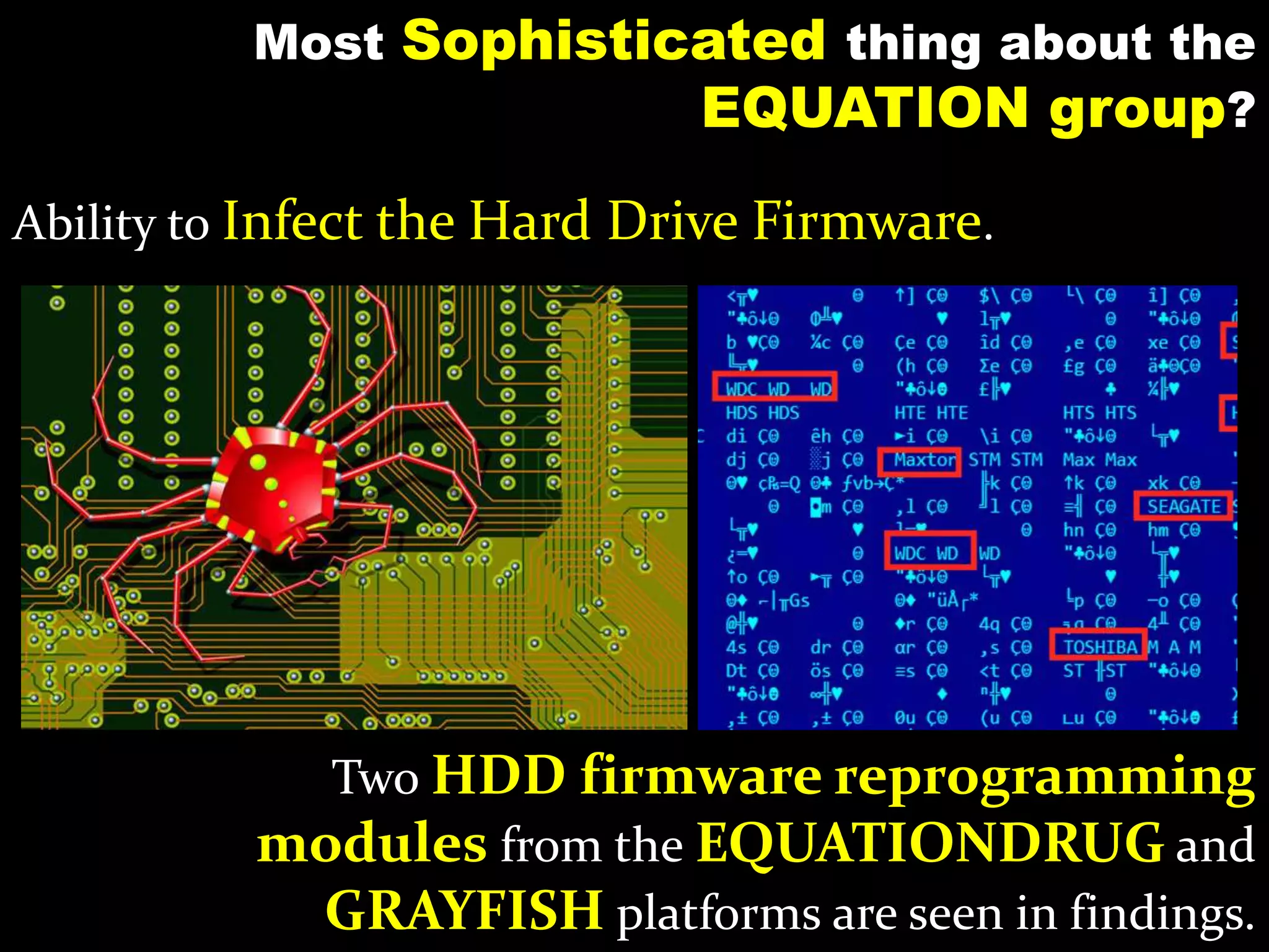 Most Sophisticated thing about the
EQUATION group?
Ability to Infect the Hard Drive Firmware.
Two HDD firmware reprogramming
modules from the EQUATIONDRUG and
GRAYFISH platforms are seen in findings.
 