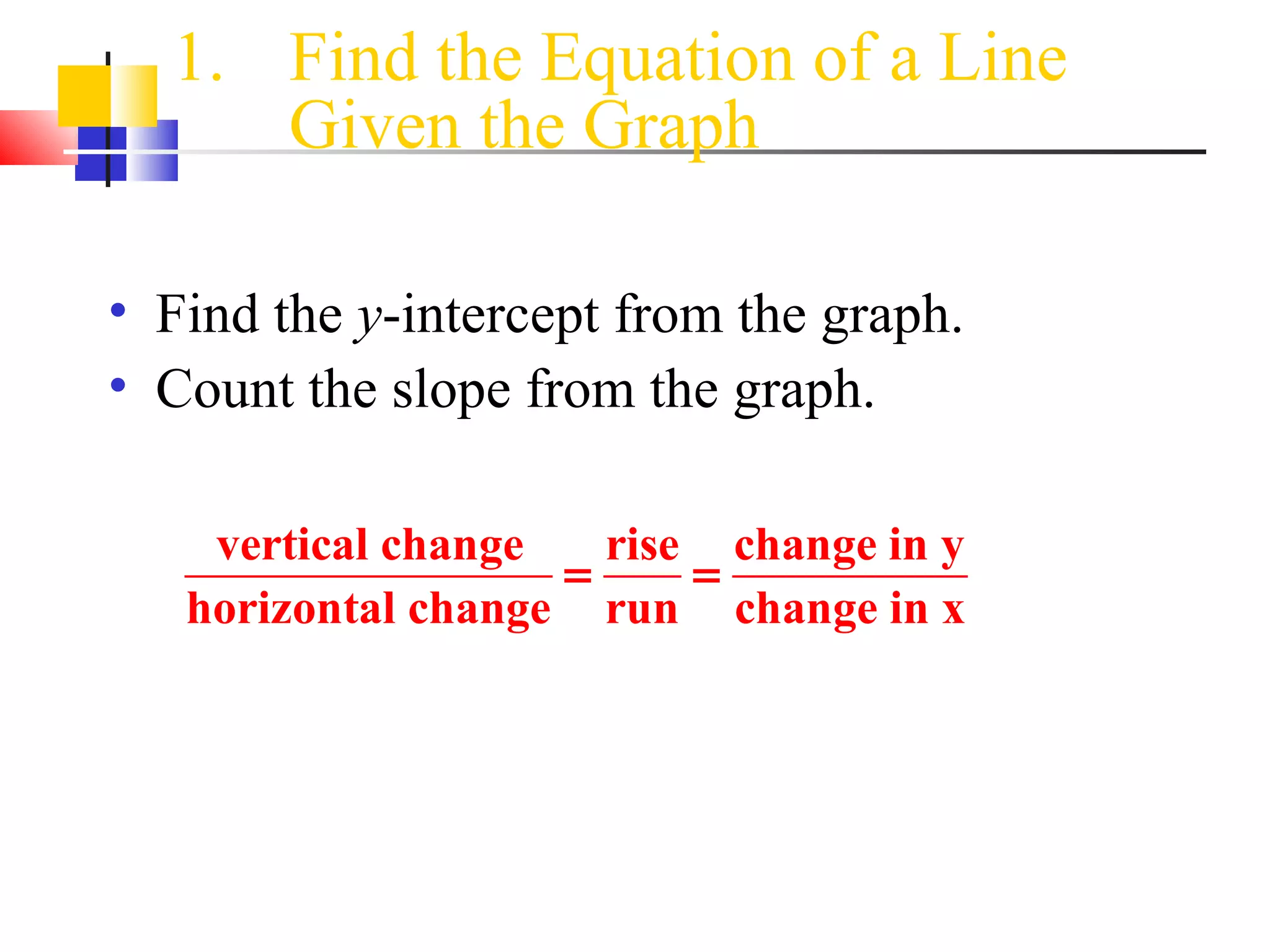 Find the Equation of a Line Given the Graph Find the  y -intercept from the graph. Count the slope from the graph. 
