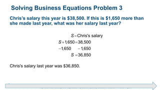 Brechner/Bergeman, Contemporary Mathematics for Business & Consumers, 9th Edition. © 2020 Cengage. All Rights Reserved.
May not be scanned, copied or duplicated, or posted to a publicly accessible website, in whole or in part.
Solving Business Equations Problem 3
Chris’s salary this year is $38,500. If this is $1,650 more than
she made last year, what was her salary last year?
Chris's salary
1,650 38,500
1,650 1,650
36,850
S
S
S

 
 

Chris's salary last year was $36,850.
 