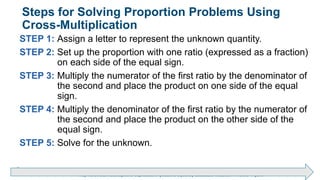 Brechner/Bergeman, Contemporary Mathematics for Business & Consumers, 9th Edition. © 2020 Cengage. All Rights Reserved.
May not be scanned, copied or duplicated, or posted to a publicly accessible website, in whole or in part.
Steps for Solving Proportion Problems Using
Cross-Multiplication
STEP 1: Assign a letter to represent the unknown quantity.
STEP 2: Set up the proportion with one ratio (expressed as a fraction)
on each side of the equal sign.
STEP 3: Multiply the numerator of the first ratio by the denominator of
the second and place the product on one side of the equal
sign.
STEP 4: Multiply the denominator of the first ratio by the numerator of
the second and place the product on the other side of the
equal sign.
STEP 5: Solve for the unknown.
 
