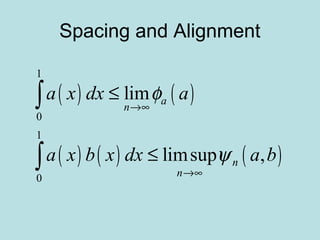 Spacing and Alignment
( ) ( )
( ) ( ) ( )
1
0
1
0
lim
limsup ,
a
n
n
n
a x dx a
a x b x dx a b
φ
ψ
→∞
→∞
≤
≤
∫
∫
 