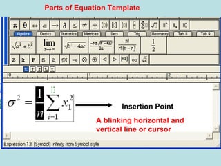 Insertion Point
A blinking horizontal and
vertical line or cursor
Parts of Equation Template
 