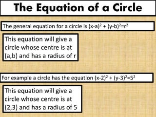 The Equation of a Circle
The general equation for a circle is (x-a)2 + (y-b)2=r2
This equation will give a
circle whose centre is at
(a,b) and has a radius of r
For example a circle has the equation (x-2)2 + (y-3)2=52
This equation will give a
circle whose centre is at
(2,3) and has a radius of 5
 