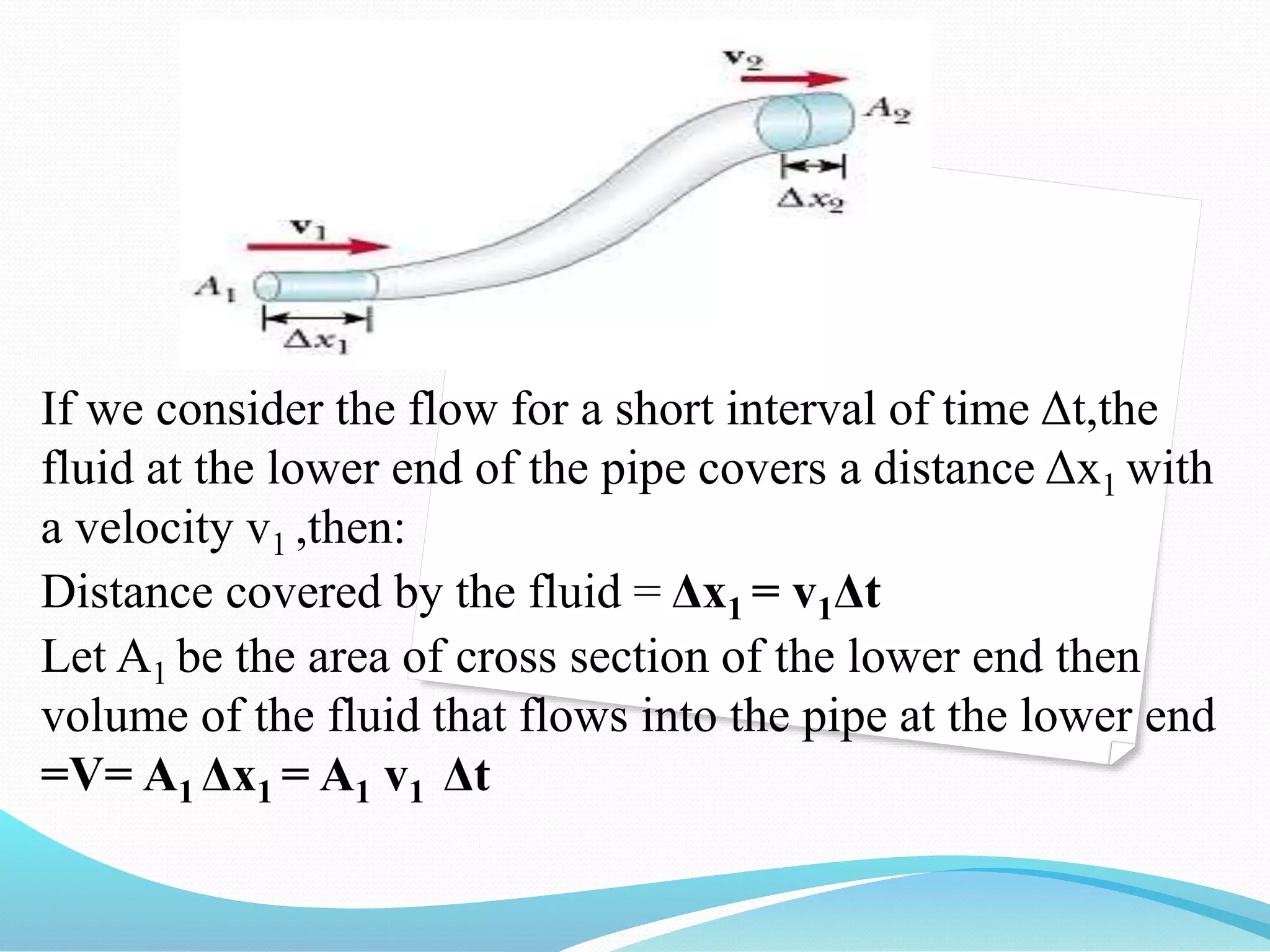 If we consider the flow for a short interval of time Δt,the
fluid at the lower end of the pipe covers a distance Δx1 with
a velocity v1 ,then:
Distance covered by the fluid = Δx1 = v1Δt
Let A1 be the area of cross section of the lower end then
volume of the fluid that flows into the pipe at the lower end
=V= A1 Δx1 = A1 v1 Δt
 