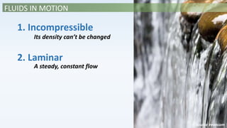FLUIDS IN MOTION
1. Incompressible
Its density can’t be changed
2. Laminar
A steady, constant flow
source evancom
 