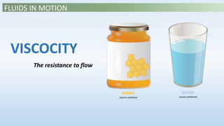 VISCOCITY
The resistance to flow
FLUIDS IN MOTION
HONEY
source pinterest
WATER
source pinterest
 