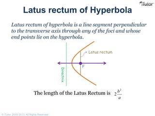 Latus rectum of Hyperbola
Latus rectum of hyperbola is a line segment perpendicular
to the transverse axis through any of the foci and whose
end points lie on the hyperbola.
Directrix
F
Latus rectum
The length of the Latus Rectum is
a
b2
2
© iTutor. 2000-2013. All Rights Reserved
 