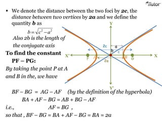  We denote the distance between the two foci by 2c, the
distance between two vertices by 2a and we define the
quantity b as
Also 2b is the length of
the conjugate axis
To find the constant
PF – PG:
By taking the point P at A
and B in the, we have
BF – BG = AG – AF (by the definition of the hyperbola)
BA + AF – BG = AB + BG – AF
i.e., AF = BG ,
so that , BF – BG = BA + AF – BG = BA = 2a
22
acb
2c
2a
a
XX’
Y
Y’
F GA B
b c
 