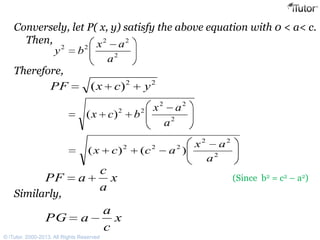 Conversely, let P( x, y) satisfy the above equation with 0 < a< c.
Then,
Therefore,
Similarly,
2
22
22
a
ax
by
22
)( ycxPF
2
22
22
)(
a
ax
bcx
2
22
222
)()(
a
ax
accx
(Since b2 = c2 – a2)x
a
c
aPF
x
c
a
aPG
© iTutor. 2000-2013. All Rights Reserved
 