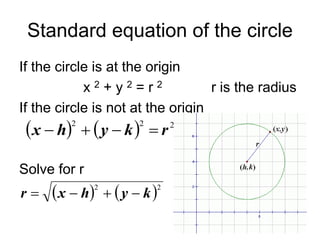 Standard equation of the circle
If the circle is at the origin
x 2 + y 2 = r 2 r is the radius
If the circle is not at the origin
Solve for r
    2
2
2
r
k
y
h
x 



   2
2
k
y
h
x
r 



 