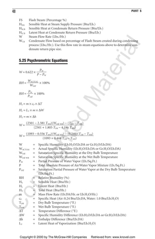48 PART 5
FS Flash Steam (Percentage %)
HSSS Sensible Heat at Steam Supply Pressure (Btu/Lb.)
HSCR Sensible Heat at Condensate Return Pressure (Btu/Lb.)
HLCR Latent Heat at Condensate Return Pressure (Btu/Lb.)
W Steam Flow Rate (Lbs./Hr.)
WCR Condensate Flow based on percentage of Flash Steam created during condensing
process (Lbs./Hr.). Use this flow rate in steam equations above to determine con-
densate return pipe size.
5.25 Psychrometric Equations
W = 0.622 ×
RH = × 100%
RH = × 100%
HS = m × cP × ∆T
HL = LV × m × ∆W
HT = m × ∆h
W =
W =
W = Specific Humidity (Lb.H2O/Lb.DA or Gr.H2O/Lb.DA)
WACTUAL = Actual Specific Humidity (Lb.H2O/Lb.DA or Gr.H2O/Lb.DA)
WSAT = Saturation Specific Humidity at the Dry Bulb Temperature
WSAT WB = Saturation Specific Humidity at the Wet Bulb Temperature
PW = Partial Pressure of Water Vapor (Lb./Sq.Ft.)
P = Total Absolute Pressure of Air/Water Vapor Mixture (Lb./Sq.Ft.)
PSAT = Saturation Partial Pressure of Water Vapor at the Dry Bulb Temperature
(Lb./Sq.Ft.)
RH = Relative Humidity (%)
HS = Sensible Heat (Btu/Hr.)
HL = Latent Heat (Btu/Hr.)
HT = Total Heat (Btu/Hr.)
m = Mass Flow Rate (Lb.DA/Hr. or Lb.H2O/Hr.)
cP = Specific Heat (Air: 0.24 Btu/Lb.DA, Water: 1.0 Btu/Lb.H2O)
TDB = Dry Bulb Temperature (°F.)
TWB = Wet Bulb Temperature (°F.)
∆T = Temperature Difference (°F.)
∆W = Specific Humidity Difference (Lb.H2O/Lb.DA or Gr.H2O/Lb.DA)
∆h = Enthalpy Difference (Btu/Lb.DA)
LV = Latent Heat of Vaporization (Btu/Lb.H2O)
(1093 − 0.556 TWB)(WSAT WB) − (0.240)(TDB − TWB)
ᎏᎏᎏᎏᎏ
(1093 + 0.444 TDB − TWB)
(2501 − 2.381 TWB)(WSAT WB) − (TDB − TWB)
ᎏᎏᎏᎏᎏ
(2501 + 1.805 TDB − 4.186 TWB)
PW
ᎏ
PSAT
WACTUAL
ᎏ
WSAT
PW
ᎏ
P − PW
CopyrightedMaterial
Copyright © 2000 by The McGraw-Hill Companies Retrieved from: www.knovel.com
 
