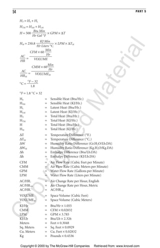 54 PART 5
HT = HS + HL
HTM = HSM + HLM
H = 500 × GPM × ∆T
HM = 250.8 × LPM × ∆TM
=
=
°C =
°F = 1.8 °C + 32
HS = Sensible Heat (Btu/Hr.)
HSM = Sensible Heat (KJ/Hr.)
HL = Latent Heat (Btu/Hr.)
HLM = Latent Heat (KJ/Hr.)
HT = Total Heat (Btu/Hr.)
HTM = Total Heat (KJ/Hr.)
H = Total Heat (Btu/Hr.)
HM = Total Heat (KJ/Hr.)
∆T = Temperature Difference (°F.)
∆TM = Temperature Difference (°C.)
∆W = Humidity Ratio Difference (Gr.H2O/Lb.DA)
∆WM = Humidity Ratio Difference (Kg.H2O/Kg.DA)
∆h = Enthalpy Difference (Btu/Lb.DA)
∆h = Enthalpy Difference (KJ/Lb.DA)
CFM = Air Flow Rate (Cubic Feet per Minute)
CMM = Air Flow Rate (Cubic Meters per Minute)
GPM = Water Flow Rate (Gallons per Minute)
LPM = Water Flow Rate (Liters per Minute)
AC/HR. = Air Change Rate per Hour, English
AC/HR.M = Air Change Rate per Hour, Metric
AC/HR. = AC/HR.M
VOLUME = Space Volume (Cubic Feet)
VOLUMEM = Space Volume (Cubic Meters)
KJ/Hr = Btu/Hr × 1.055
CMM = CFM × 0.02832
LPM = GPM × 3.785
KJ/Lb = Btu/Lb × 2.326
Meters = Feet × 0.3048
Sq. Meters = Sq. Feet × 0.0929
Cu. Meters = Cu. Feet × 0.02832
Kg = Pounds × 0.4536
°F − 32
ᎏ
1.8
CMM × 60ᎏ
M
H
i
r
n
ᎏ
ᎏᎏ
VOLUMEM
AC
ᎏ
HRM
CFM × 60 ᎏ
M
H
i
r
n
ᎏ
ᎏᎏ
VOLUME
AC
ᎏ
HR
KJ Min
ᎏᎏ
Hr Liters °C
Btu Min
ᎏᎏ
Hr Gal °F
CopyrightedMaterial
Copyright © 2000 by The McGraw-Hill Companies Retrieved from: www.knovel.com
 