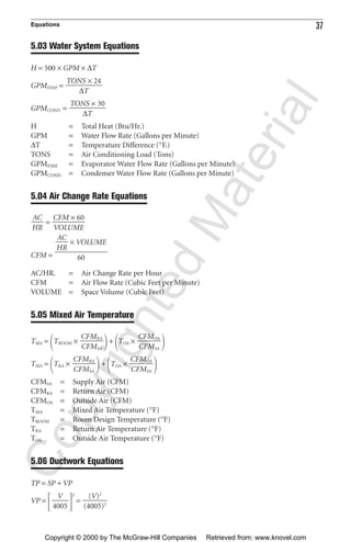 Equations 37
5.03 Water System Equations
H = 500 × GPM × ∆T
GPMEVAP. =
GPMCOND. =
H = Total Heat (Btu/Hr.)
GPM = Water Flow Rate (Gallons per Minute)
∆T = Temperature Difference (°F.)
TONS = Air Conditioning Load (Tons)
GPMEVAP. = Evaporator Water Flow Rate (Gallons per Minute)
GPMCOND. = Condenser Water Flow Rate (Gallons per Minute)
5.04 Air Change Rate Equations
=
CFM =
AC/HR. = Air Change Rate per Hour
CFM = Air Flow Rate (Cubic Feet per Minute)
VOLUME = Space Volume (Cubic Feet)
5.05 Mixed Air Temperature
TMA =
΂TROOM ×
΃+
΂TOA ×
΃
TMA =
΂TRA ×
΃+
΂TOA ×
΃
CFMSA = Supply Air (CFM)
CFMRA = Return Air (CFM)
CFMOA = Outside Air (CFM)
TMA = Mixed Air Temperature (°F)
TROOM = Room Design Temperature (°F)
TRA = Return Air Temperature (°F)
TOA = Outside Air Temperature (°F)
5.06 Ductwork Equations
TP = SP + VP
VP = ΄ ΅
2
=
(V)2
ᎏ
(4005)2
V
ᎏ
4005
CFMOA
ᎏ
CFMSA
CFMRA
ᎏ
CFMSA
CFMOA
ᎏ
CFMSA
CFMRA
ᎏ
CFMSA
ᎏ
H
AC
R
ᎏ × VOLUME
ᎏᎏ
60
CFM × 60
ᎏᎏ
VOLUME
AC
ᎏ
HR
TONS × 30
ᎏᎏ
∆T
TONS × 24
ᎏᎏ
∆T
CopyrightedMaterial
Copyright © 2000 by The McGraw-Hill Companies Retrieved from: www.knovel.com
 