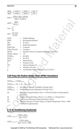 Equations 39
ᎏ
B
B
H
H
P
P
2
1
ᎏ =
΄ ΅
3
=
΄ ΅
3
=
΄ ΅
1.5
BHP =
MHP =
VH =
HD =
GPM = Gallons/Minute
RPM = Revolutions/Minute
HD = Ft. H2O
BHP = Break Horsepower
Pump Size = Constant
Water Density = Constant
SP.GR. = Specific Gravity of Liquid with Respect to Water
SP.GR. (Water) = 1.0
PUMPEFF. = 60–80%
M/DEFF. = 85–95%
M/D = Motor/Drive
P = Pressure in Psi
VH = Velocity Head in Ft.
V = Velocity in Ft./Sec.
g = Acceleration due to Gravity (32.16 Ft./Sec2
)
5.09 Pump Net Positive Suction Head (NPSH) Calculations
NPSHAVAIL > NPSHREQ’D
NPSHAVAIL = HA Ϯ HS − HF − HVP
NPSHAVAIL = Net Positive Suction Available at Pump (Feet)
NPSHREQ’D = Net Positive Suction Required at Pump (Feet)
HA = Pressure at Liquid Surface (Feet—34 Feet for Water at Atmospheric
Pressure)
HS = Height of Liquid Surface Above (+) or Below (−) Pump (Feet)
HF = Friction Loss between Pump and Source (Feet)
HVP = Absolute Pressure of Water Vapor at Liquid Temperature (Feet—1989
ASHRAE Fundamentals)
5.10 Air Conditioning Condensate
GPMAC COND =
GPMAC COND =
CFM × ∆WGR.
ᎏᎏ
SpV × 8.33 × 7000
CFM × ∆WLB.
ᎏᎏ
SpV × 8.33
P × 2.31
ᎏ
SP.GR.
V2
ᎏ
2g
BHP
ᎏ
M/DEFF.
GPM × HD × SP.GR.
ᎏᎏᎏ
3960 × PUMPEFF.
HD2
ᎏ
HD1
RPM2
ᎏ
RPM1
GPM2
ᎏ
GPM1
CopyrightedMaterial
Copyright © 2000 by The McGraw-Hill Companies Retrieved from: www.knovel.com
 