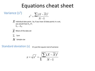 Equations cheat sheet
 Variance (s2)                           (X       X )2
                             s2
                                           N 1
          individual data point. So, if you have 10 data points in a set,
          you would have X1, X2,
          X3……X10

          Mean of the data set

           Sum

           Sample size


Standard deviation (s)            It’s just the square root of variance



                                                     (X        X )2
                         s         s2
                                                       N 1
 