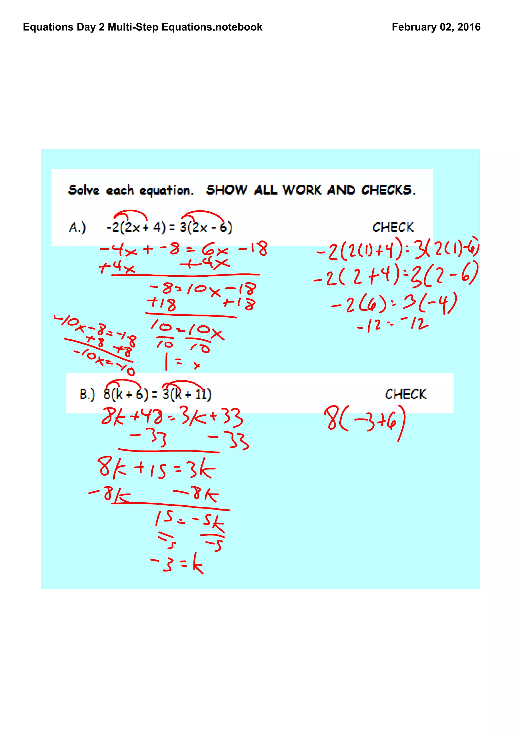Equations Day 2 MultiStep Equations.notebook February 02, 2016