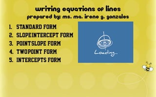 Writing Equations of Lines
Prepared by: Ms. Ma. Irene g. gonzales
1. Standard Form
2. Slope-intercept Form
3. Point-slope Form
4. Two-point Form
5. Intercepts Form
 