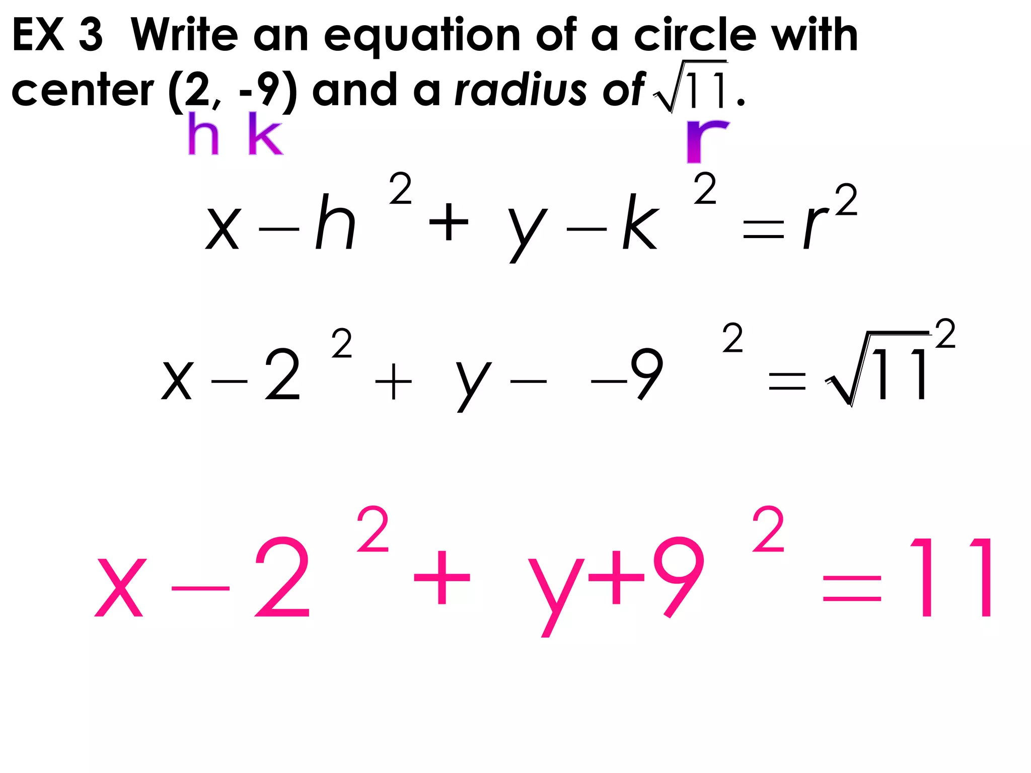 EX 3 Write an equation of a circle with
center (2, -9) and a radius of .11
222
2 9 11x y
2 2 2
+x h y k r
2 2
2 + y+9 11x