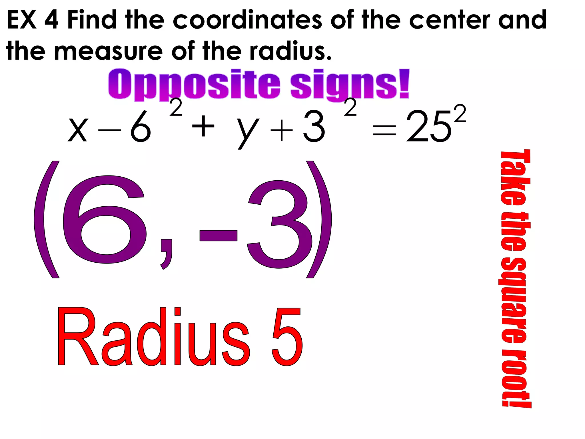 EX 4 Find the coordinates of the center and
the measure of the radius.
2 2 2
6 + 3 25x y