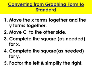 Converting from Graphing Form to
Standard
1. Move the x terms together and the
y terms together.
2. Move C to the other side.
3. Complete the square (as needed)
for x.
4. Complete the square(as needed)
for y.
5. Factor the left & simplify the right.
 