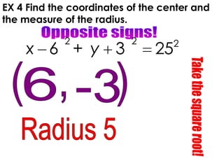 EX 4 Find the coordinates of the center and
the measure of the radius.
2 2 2
6 + 3 25x y
 