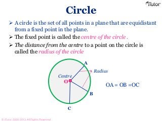 Circle
 A circle is the set of all points in a plane that are equidistant
from a fixed point in the plane.
 The fixed point is called the centre of the circle .
 The distance from the centre to a point on the circle is
called the radius of the circle
Centre
o
A
C
B
Radius
OA = OB =OC
© iTutor. 2000-2013. All Rights Reserved
 