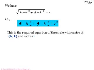 We have
i.e.,
This is the required equation of the circle with centre at
(h, k) and radius r
rkyhx
22
222
rkyhx
© iTutor. 2000-2013. All Rights Reserved
 