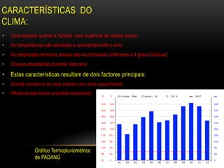 CARACTERÍSTICAS DO
CLIMA:
• Uma estação quente e húmida, com ausência de meses secos;
• As temperaturas são elevadas e constantes todo o ano;
• As amplitudes térmicas anuais são muito baixas (inferiores a 4 graus Celsius);
• Chuvas abundantes durante todo ano;
• Estas características resultam de dois factores principais:
• Grande incidência de raios solares com muito aquecimento;
• Influência das baixas pressões equatoriais.
Gráfico Termopluviométrico
de PADANG
 